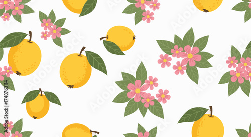 Cheerful seamless pattern with yellow quince fruits and pink flowers on white. Whimsical design for textile, wrapping paper, or stationery