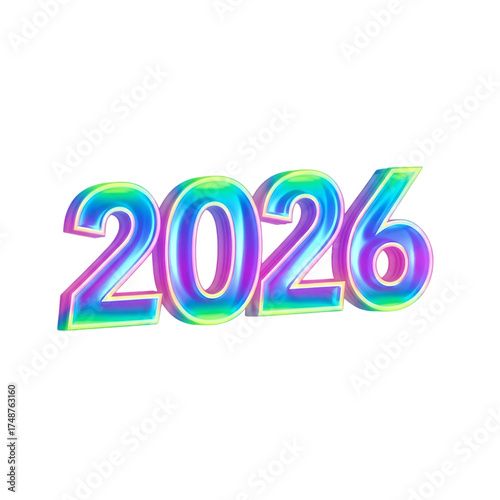 Vibrant and futuristic 2026 new year design with iridescent numbers, isolated on transparent background, perfect for modern celebrations