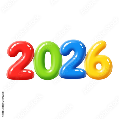 Colorful 3d rendering of the year 2026 with vibrant red, green, blue, and yellow balloonlike numbers isolated on transparent background