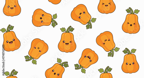 Cute cartoon seamless pattern featuring orange pumpkins with kawaii facial expressions scattered across a white background