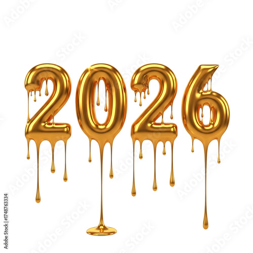 Golden dripping 2026 year number isolated on transparent background 3d rendering illustration isolated on transparent background