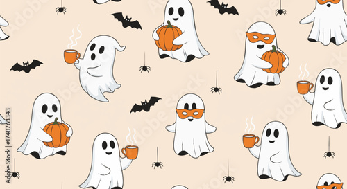 Cute Halloween seamless pattern featuring adorable cartoon ghosts holding pumpkins and warm drinks