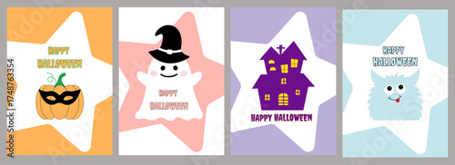 Set of trendy minimal Halloween posters with funny ghosts, pumpkins, bats and modern typography. Festive background, cover, sale banner, flyer design. Template for advertising, web, social media.