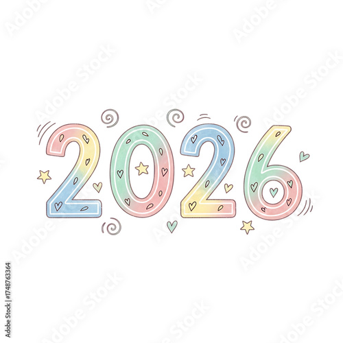 A whimsical and colorful illustration of the year 2026 isolated on transparent background, adorned with hearts and stars for a joyful occasion