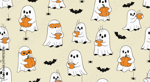 Cute seamless pattern featuring whimsical cartoon ghosts enjoying autumn with pumpkins and hot beverages for Halloween designs