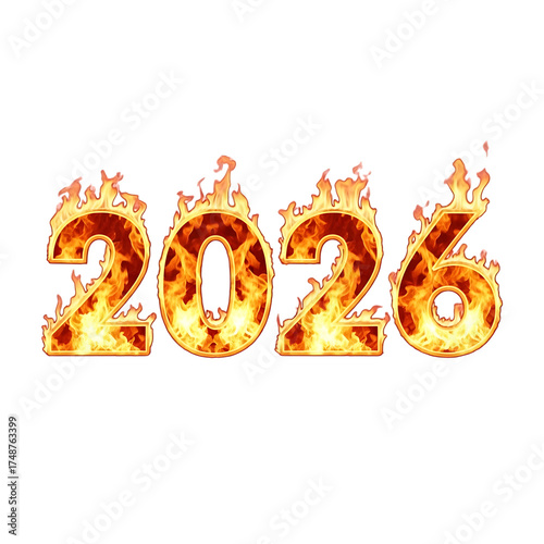 Fiery and intense design of the year 2026 isolated on transparent background, symbolizing passion, energy, and a hot new year ahead
