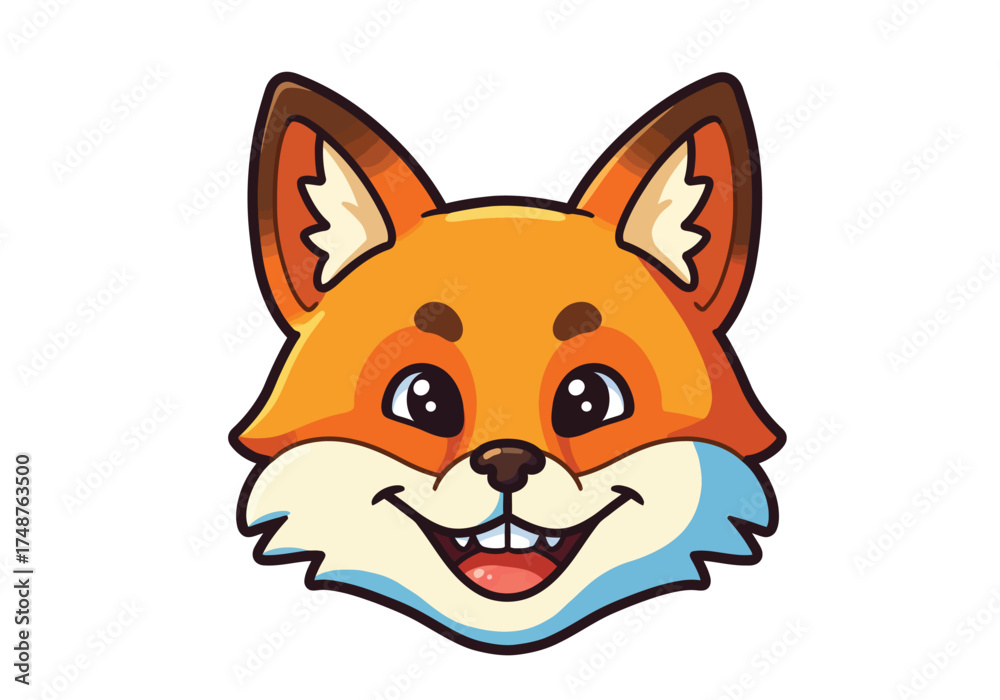 Obraz premium Cute cartoon fox head with a happy smiling expression.