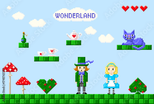 Greeting card of wonderland pixel art in style of eight-bit game. Alice, cat, mad hatter, mushrooms in style of 8-bit game. Vector illustration.