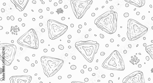Hand-drawn monochrome seamless pattern featuring triangular savory food items and seeds on a white background