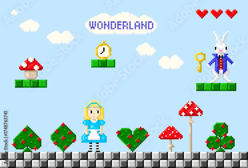 Greeting card of wonderland pixel art in style of eight-bit game. Alice, rabbit, mushrooms in style of 8-bit game. Vector illustration.