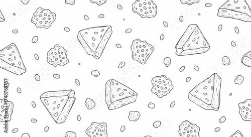 Hand-drawn seamless pattern featuring triangular cheese slices, abstract shapes, and oval elements