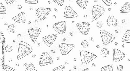 Hand-drawn seamless pattern featuring whimsical cartoon triangular food items, reminiscent of pizza slices, with scattered toppings