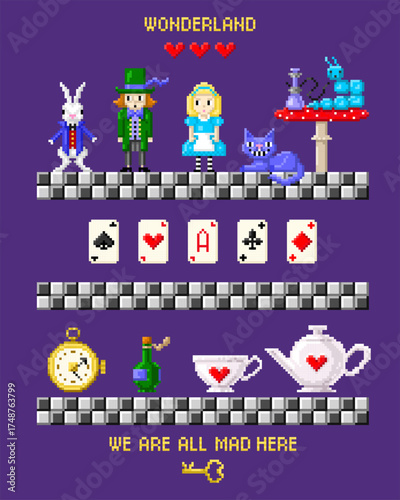 Greeting card of wonderland pixel art in style of eight-bit game. Alice, rabbit, cat, mad hatter, caterpillar, mushrooms in style of 8-bit game. Vector illustration.