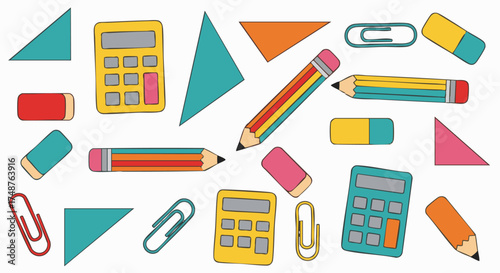 Seamless, colorful vector pattern of school and office supplies