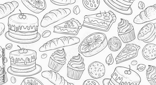 Seamless doodle pattern featuring a delightful assortment of baked goods, including cakes, croissants, cupcakes, cookies, and pies
