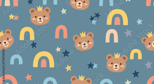 Seamless pattern featuring cute bear cubs with crowns, stars, and rainbows on a blue background