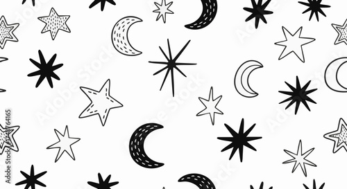 Seamless pattern featuring hand-drawn black and white stars and moons on a white background