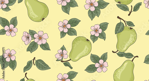 Seamless pattern featuring ripe green pears and delicate pink blossoms on a soft yellow background