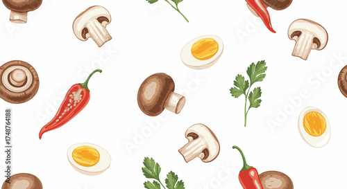 Seamless pattern illustration featuring fresh ingredients like whole and sliced mushrooms, red chili pepper, hard-boiled egg halves, and parsley sprigs