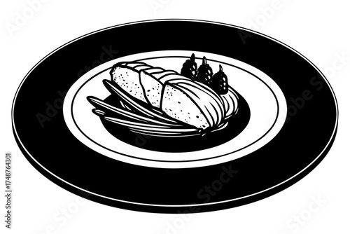 Vector illustration of delicious gourmet food and fruit on a white plate, including a sweet cheesecake slice and a breakfast pancake with cream and chocolate sauce, isolated