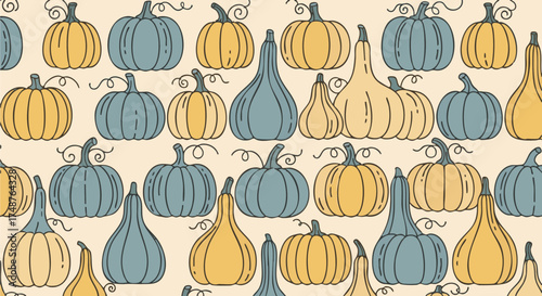 Seamless pattern of hand-drawn autumnal pumpkins and gourds. The vector illustration uses a retro color palette of teal and mustard yellow
