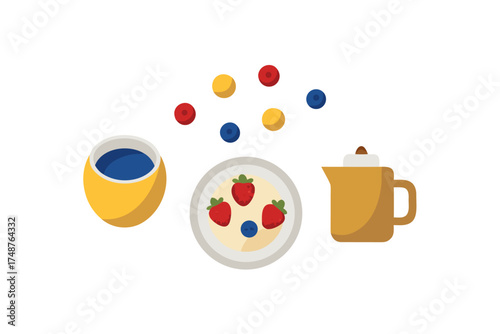 Hot ceramic coffee mug with a saucer and scattered coffee beans is a perfect morning beverage for breakfast