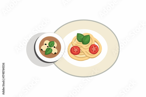 Vector illustration of a fresh Italian pizza with tomato and melted cheese on a plate, perfect for a gourmet dinner meal