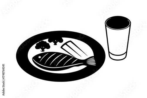 A vector illustration of a food and drink icon set including coffee, sandwich, breakfast meal, fish, sushi, bread, and dessert symbols for a restaurant or cafe menu