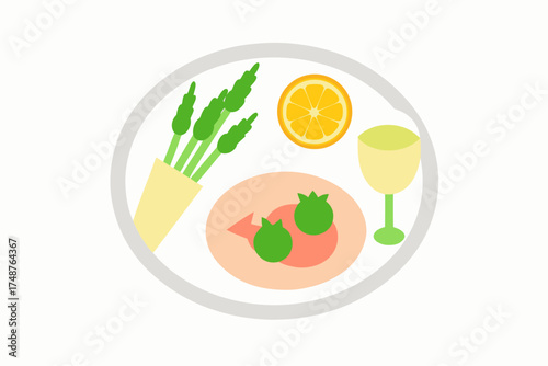 A vibrant vector illustration of a healthy dinner dish featuring a fried egg, fresh tomato, green salad, and basil on a white plate