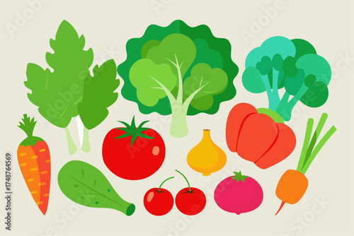 A colorful collection of fresh, healthy vegetables and fruits including tomatoes, peppers, carrots, apples, oranges, and strawberries
