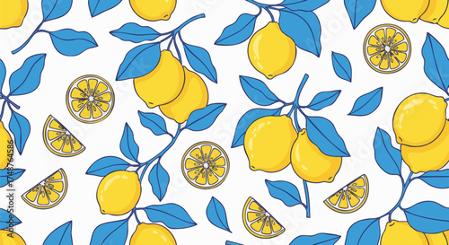 Seamless tropical summer pattern featuring bright yellow lemons and stylized blue leaves on branches
