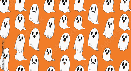 Spooky seamless pattern featuring rows of cute cartoon ghosts with expressive faces floating on a vibrant orange background