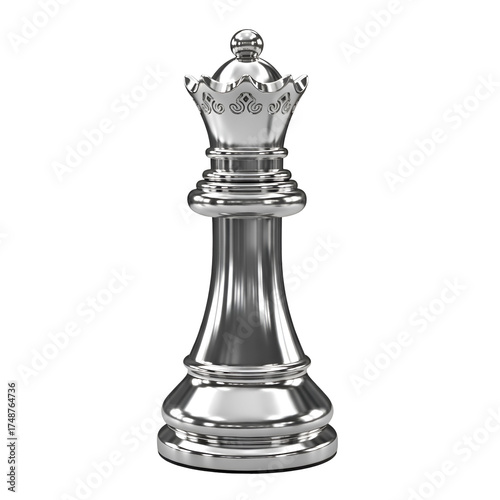 Elegant silver chess queen piece on white background