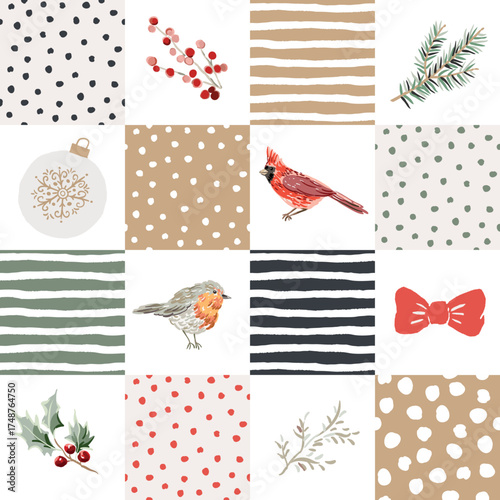 Christmas seamless pattern. Cardinal bird, robin bird, fir twig, holly, bow, ball, snow, patchwork background. Vector illustration. Nature design. Season greeting. Winter forest. Xmas holidays
