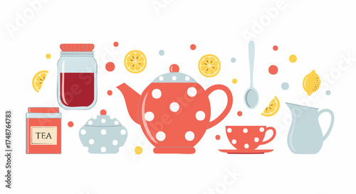 Vector illustration of a tea party set. Features a teapot, cup, sugar bowl, jam, tea, lemons, and spoon