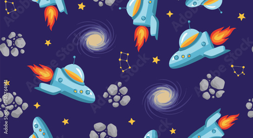 Vibrant seamless pattern featuring cartoon retro rockets flying through deep blue space filled with stars, asteroids, and swirling galaxies