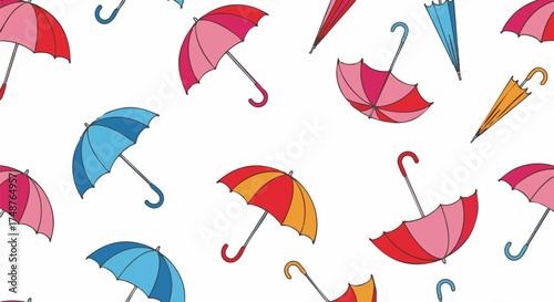 Vibrant seamless pattern featuring colorful hand-drawn cartoon umbrellas scattered across a clean white background