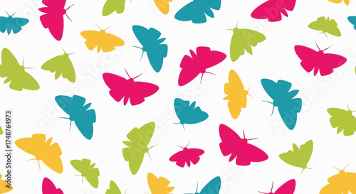 Vibrant, seamless pattern featuring colorful moth silhouettes scattered across a clean white background for textile or graphic design