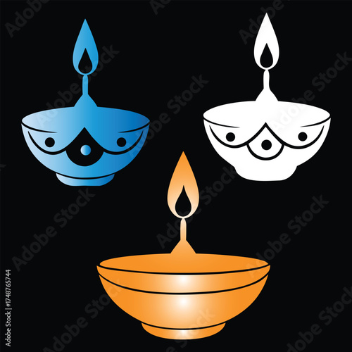 Three elegant diya with fiery flames symbolizing light celebration and tradition