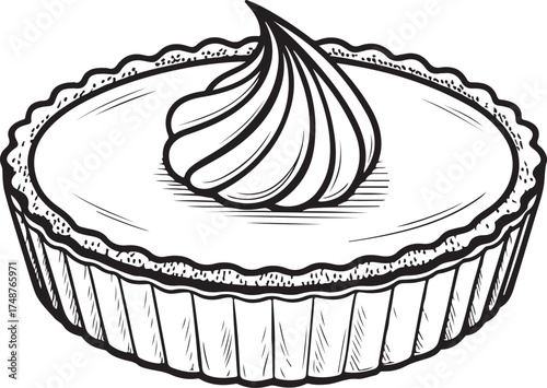 Custard Tart of Pie Dessert Hand-drawn Sketch Drawing Vector Illustration, Line Linear Symbol Engraving Coloring Book, Black and White Isolated