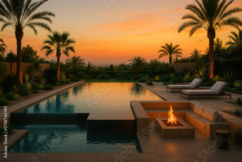 Luxury tropical resort infinity pool with fire pit lounge and palm trees at sunset creating relaxing vacation atmosphere