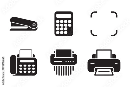 Office supply icon collection, Stapler, Calculator, Fax machine, and printer vector