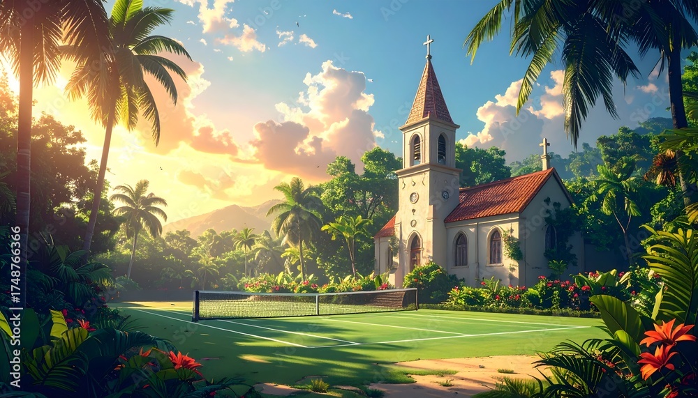 Naklejka premium Tropical Sunset Tennis Court and Historic Church