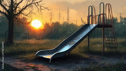Wallpaper Mural Empty Playground Slide at Golden Hour Sunset with Silhouetted Trees and Hazy Sky. Torontodigital.ca