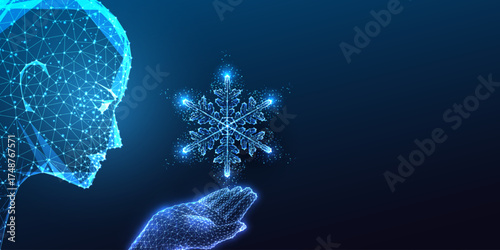Futuristic AI face with digital hand holding snowflake, low poly glowing Christmas tech vector
