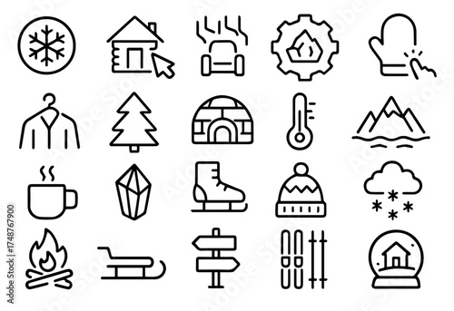Various winter symbols including snowflakes, mittens, and cozy activities in a simple illustration