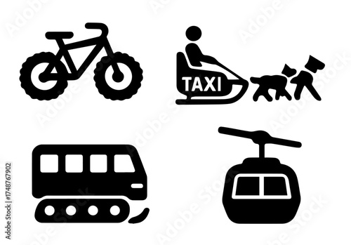Different modes of transportation including bike, sled, train, and gondola in various activities