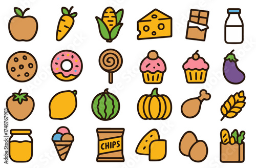 Colorful food icons featuring fruits, snacks, and desserts in a playful design
