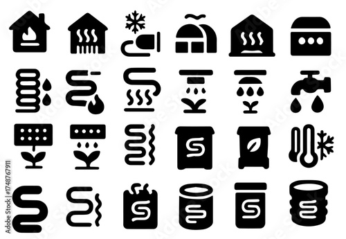 Collection of heating and cooling icons showcasing various home and garden activities during different weather conditions