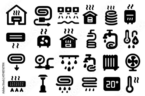 Heating system icons collection featuring various home appliances and symbols in black and white for easy identification of functions